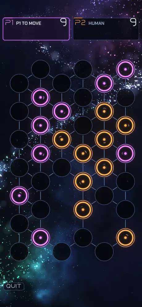 Critical Mass 2 two-player match with neon pink and orange nodes on a dark board