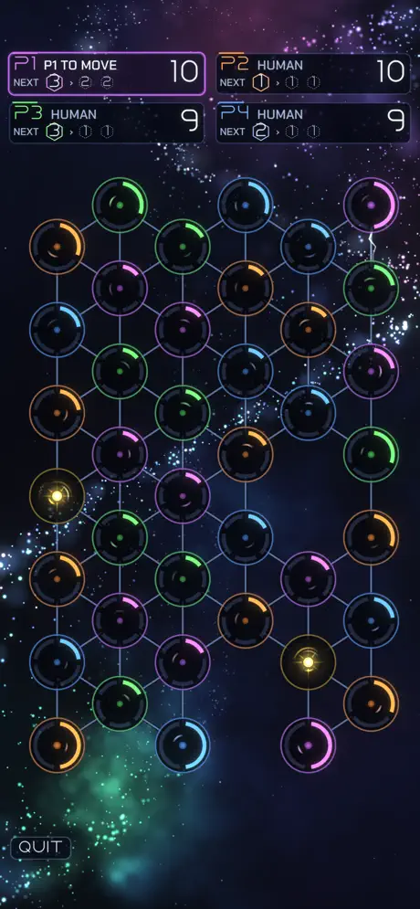 Critical Mass 2 four-player gameplay with glowing multicoloured nodes against a starfield